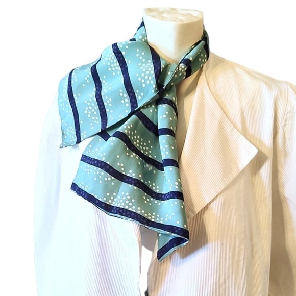 Vintage Accessories - 1930s True Vintage Aqua Green And Blue Striped Rayon Deco Ascot Long Scarf